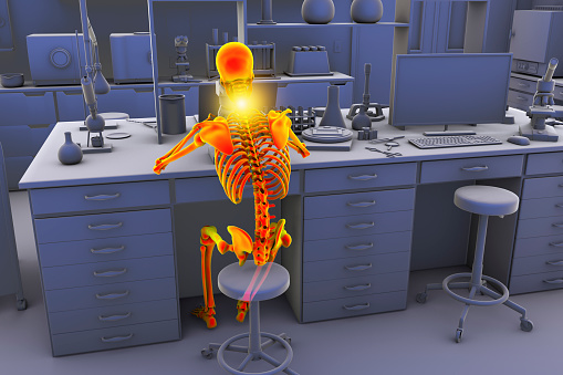Work-related skeletal disorders in laboratory workers, conceptual 3D illustration. Neck pain in laboratory worker