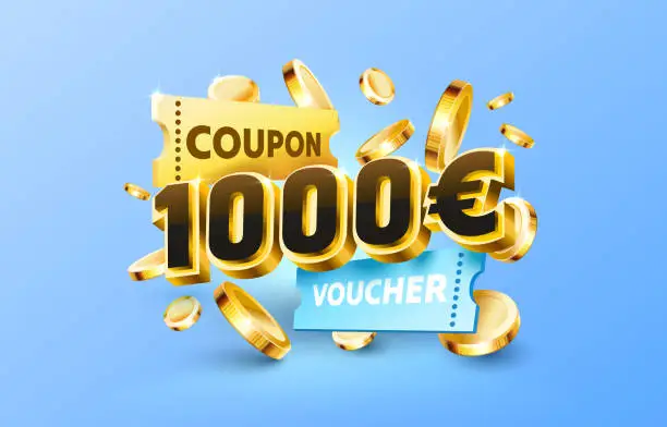 Vector illustration of 1000 euro coupon gift voucher, cash back banner special offer. Vector illustration