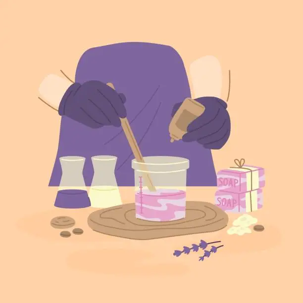 Vector illustration of Person wearing gloves and an apron making natural handmade soap, closeup.