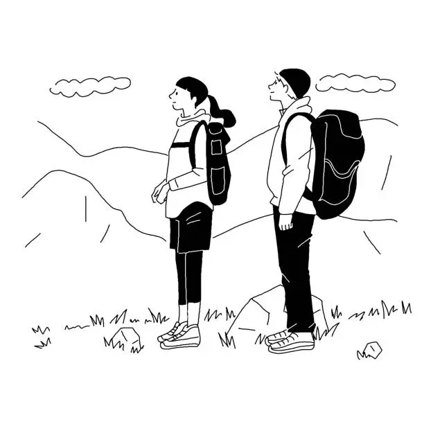 Vector illustration of Vector line drawing of a man and woman climbing a mountain