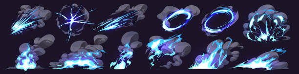 ilustrações de stock, clip art, desenhos animados e ícones de cartoon set of smoke clouds, neon blue lightning - video game flash