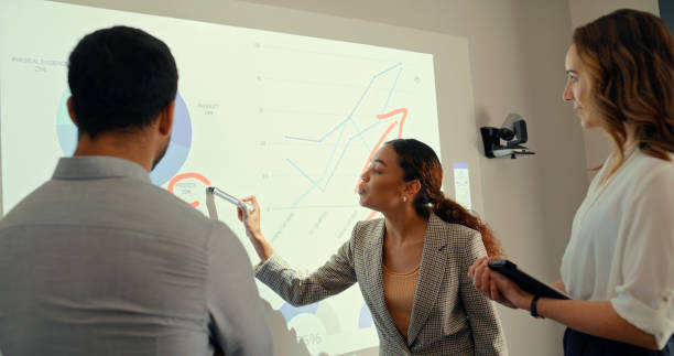 istock Business people, presentation and meeting for analytics in teamwork, graph and charts on smart board at office. Marketing team in planning looking at company data, statistics or goals on projector 1496883055
