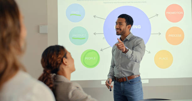 istock Meeting, presentation and data with a business man coaching his team in an office boardroom. Finance, goal or target with a man and woman employee group at work in collaboration for training 1496883070