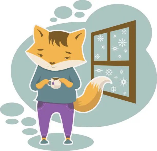 Vector illustration of Fox is staying with tea cup at home in snowy day near window