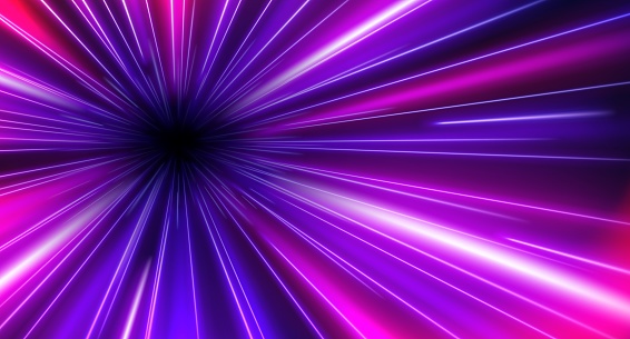 Hyperspace warp speed light effect background. Galaxy hyper space vector velocity tunnel motion. Futuristic travel in cyber universe illustration. Neon highway fast move radial illustration design