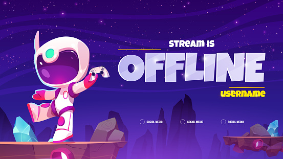 Background of video game stream with spaceman character on planet landscape. Videogame stream is offline. Futuristic banner with astronaut on floating islands, vector cartoon illustration