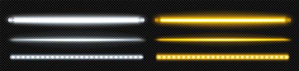 Neon tube lamp, vector fluorescent led light bar Neon tube lamp in yellow and white for party border design. Vector fluorescent led light bar isolated on transparent background. Night realistic electric stripe casino illumination graphic pack single line power isolated electricity stock illustrations