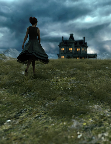 Woman in dress walks in field in highlands towards manor under a cloudy sky. 3D render.