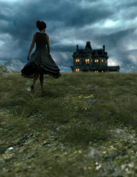 Woman in dress walks in field in highlands towards manor under a cloudy sky. 3D render. Woman in dress walks in field in highlands towards manor under a cloudy sky. 3D render. haunted house stock pictures, royalty-free photos & images