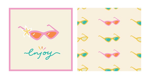 Summer groovy collection. Hand drawn positive hippie vintage sunglasses set. Enjoy typography slogan. 70s seamless retro pattern with glasses
