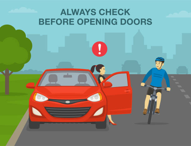 Safe bicycle riding rules and traffic regulation. Avoid the door zone. Always check before opening doors. Female driver opens car door in front of scared cyclist. Safe bicycle riding rules and traffic regulation. Avoid the door zone. Always check before opening doors. Female driver opens car door in front of scared cyclist. Flat vector illustration template. guy open car door stock illustrations