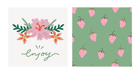 Summer colorful collection. Hand drawn vector tropical set. Enjoy typography slogan. Trendy seamless pattern pink strawberry on green background