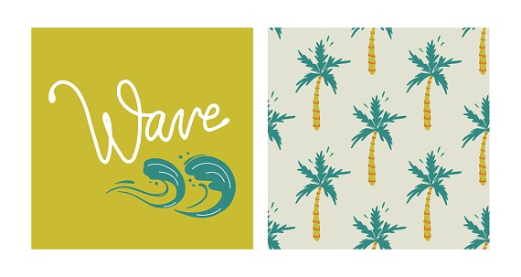 Hand drawn tropical boho collection. Surfing concept vector set. Wave typography slogan. Retro seamless pattern with palm tree.