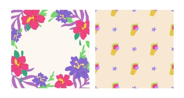 Vector illustration of Summer colorful collection. Hand drawn groovy vector set. Tropical wreath. Retro seamless pattern with ice cream, starfish