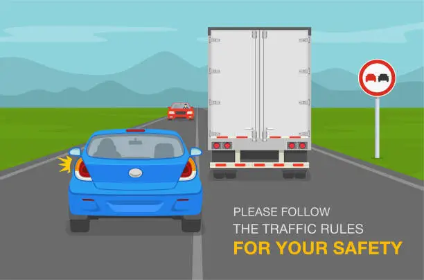 Vector illustration of Safe driving tips and traffic regulation rules. Driver overtaking a truck trailer on highway. Blue car is breaking the traffic rules.