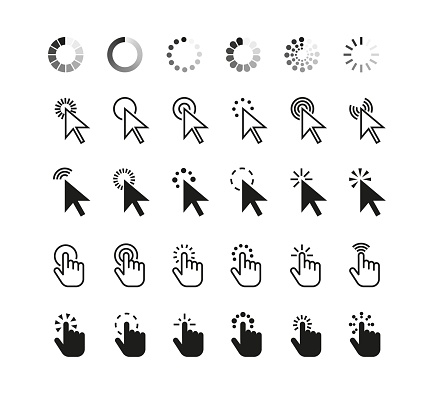 Pointer click cursor icon. Web outline pictogram cursors arrow, computer hand, finger and wait loading circle symbol. Digital website tools. Vector set. Isolated pointing cyberspace elements