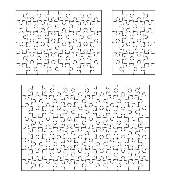 ilustrações, clipart, desenhos animados e ícones de enigma. jigsaw peças 24, 48 e 96 modelo, quebra-cabeças forma esquema de grades em branco. conjunto de vetores de caminho de traçado editável e padrão sem costura de mosaico de quebra-cabeça - blank puzzle
