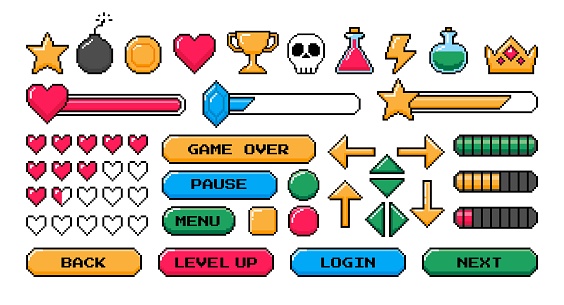 Pixel game icon. Retro video games element, arcade UI button, digital console 8-bit interface, pixels heart, bomb, star, menu buttons controller item. Vector set with arrows and life bars