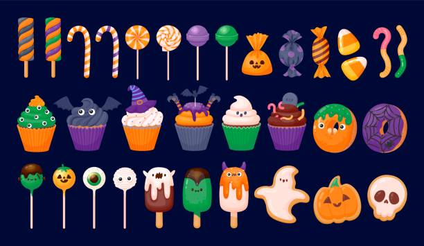 Halloween sweets. October holiday, kids autumn party. Trick or treat sweet candy, chocolate, pumpkin cookie, colorful lollipop, ghost cake. Vector set Halloween sweets. October holiday, kids autumn party. Trick or treat sweet candy, chocolate, pumpkin cookie, colorful lollipop, ghost cake. Vector set. Desserts for celebration as skull, eyeball eye candy stock illustrations