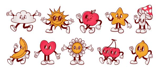 만화 추상 캐릭터입니다. 복고풍 트렌디한 캐릭터, 코믹한 태양과 구름, 마스코트 달리는 체리, 다리와 손이 있는 모양 별, 재미있는 얼굴을 가진 하트, 빈티지 버섯. 벡터 세트 - characters stock illustrations
