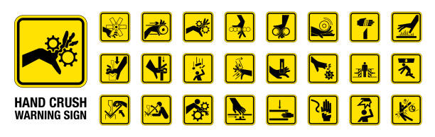 zestaw 24 izolowanych symboli niebezpiecznych hand crush force na żółtej okrągłej kwadratowej tablicy znak ostrzegawczy - vector time accident iron stock illustrations