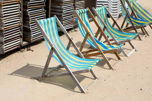istock Row of deckchairs on the beach 1496893235