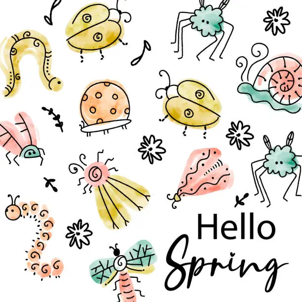 Vector illustration of Hello Spring Watercolor Bugs Vector Card Template
