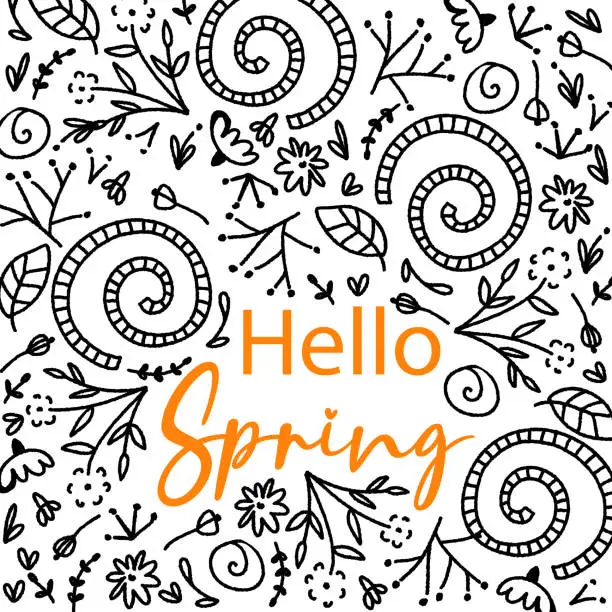 Vector illustration of Hello Spring Botanical Doodles Vector Card Background