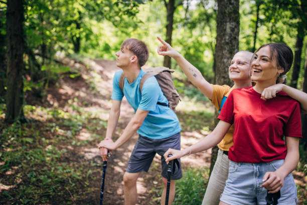 istock Three friends hiking in the forest and enjoying nature 1496894502