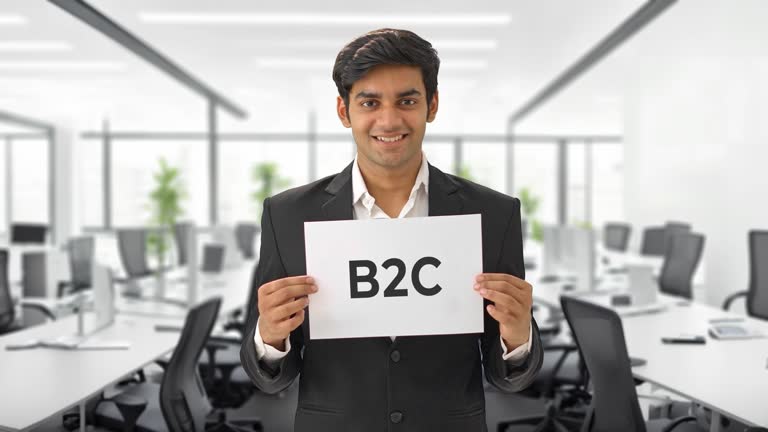 Happy Indian manager holding B2C banner