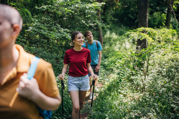 istock Three friends hiking in the forest and enjoying nature 1496896109