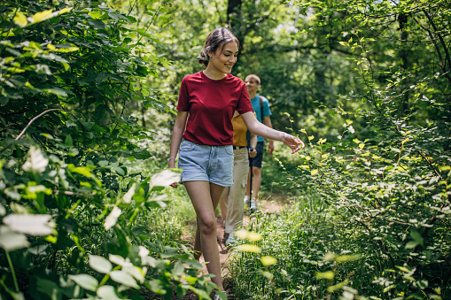Group of young hikers walking down a trail through lush green grass away from the camera, low angle view of their lags conceptual of an active lifestyle with the glow of the sun in the corner