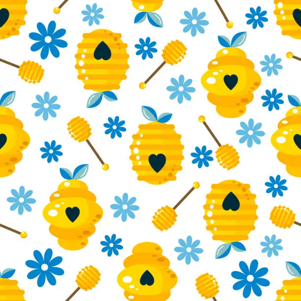 Vector illustration of Vector seamless summer pattern with bee hives and flowers