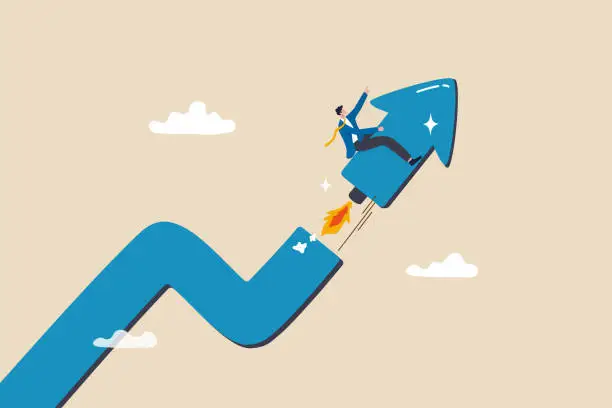 Vector illustration of Investment growth boosting profit earning, increase market return or boost growth, growing fast, startup launch project or improvement concept, businessman riding rising up arrow with rocket booster.