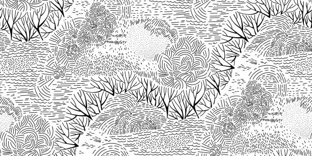 stockillustraties, clipart, cartoons en iconen met minimalistic seamless pattern. simple line vector graphics. lines, dots, hatching and silhouettes. trees, nature, water. - natuurlijk-patroon