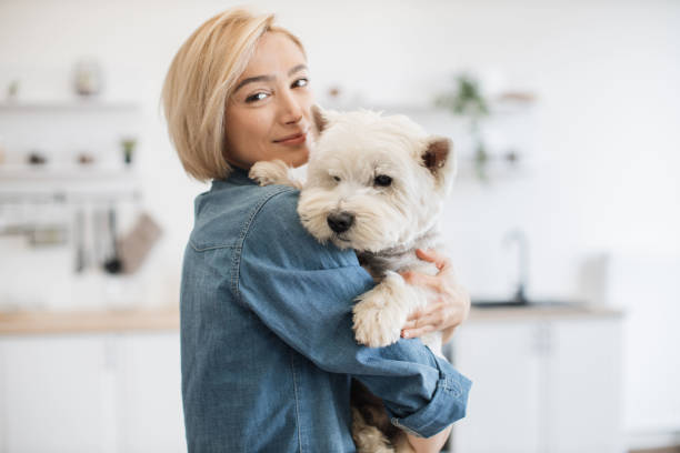 Female pet owner posing with terrier in arms in kitchen