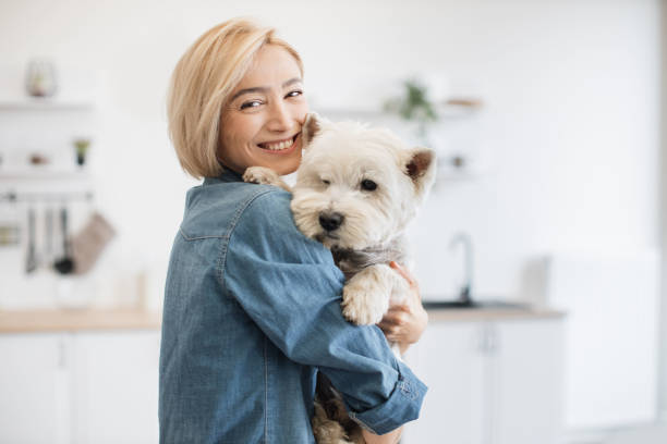 istock Female pet owner posing with terrier in arms in kitchen 1496898167