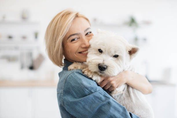 istock Female pet owner posing with terrier in arms in kitchen 1496898178