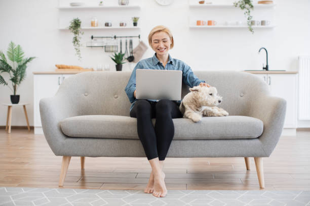 istock Woman looking at laptop screen with terrier on side indoors 1496898270