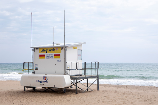 May 4th 2023. RNLI lifeguard cabin on Bournemouth beach. RNLI lifeguards have been patrolling beaches since 2001. They patrol over 140 beaches in the UK and the Channel Islands - sharing safety advice, first aid to those who need it, and saving the lives of those who get in trouble in the water.