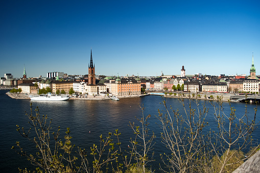 daytime panoramic view of the Stockholm skyline featuring Gamla stan and Riddarholmen (Sweden).