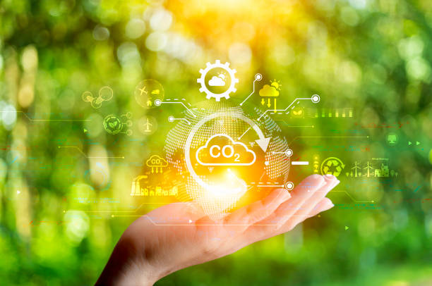 istock green energy concept help reduce global warming.Hand holding natural background light bulb on green leaf with clean energy icon around it. Carbon dioxide emission in industry zero carbon concept. 1496899541