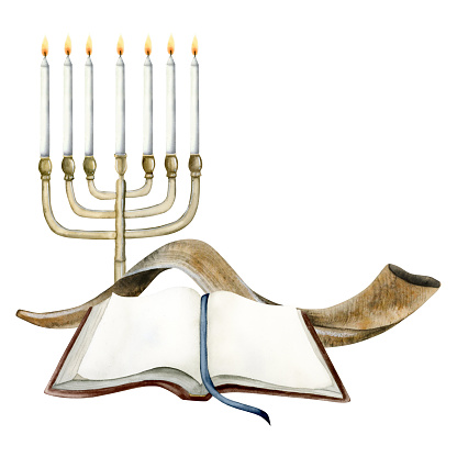 Yom Kippur greeting card template for Jewish holiday New Year, Rosh Hashanah with Torah book, menorah and shofar horn. Gmar hatimah tovah watercolor illustration isolated on white background.