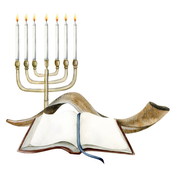 Yom Kippur greeting card template for Jewish holiday New Year, Rosh Hashanah with Torah book, menorah and shofar horn. Gmar hatimah tovah watercolor illustration isolated on white background Yom Kippur greeting card template for Jewish holiday New Year, Rosh Hashanah with Torah book, menorah and shofar horn. Gmar hatimah tovah watercolor illustration isolated on white background. yom kippur stock illustrations