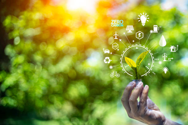 istock green energy concept help reduce global warming.Hand holding natural background light bulb on green leaf with clean energy icon around it. Carbon dioxide emission in industry zero carbon concept. 1496900175