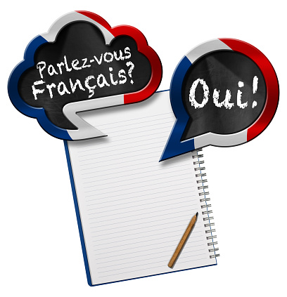 Two speech bubbles with with French flag and question Parlez-vous Francais? and Oui! (Do you speak French? and Yes!). Blank note book with copy space, isolated on white background.