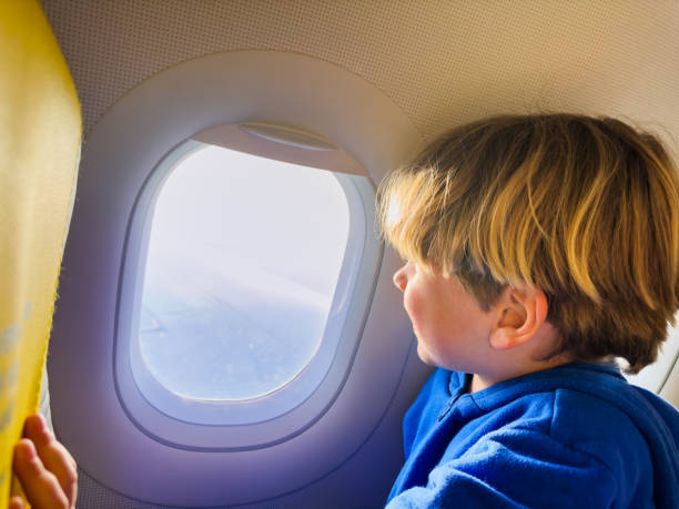 istock Handsome little boy sit and look at the window in plane 1496901712