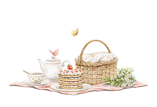 Watercolor vintage summer composition with vintage wicker picnic basket, cake, kettle, cup, butterflies and bouquet on blanket isolated on white background. Hand drawn illustration sketch