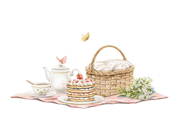 Watercolor cartoon composition with vintage wicker picnic basket, plaid and food Watercolor vintage summer composition with vintage wicker picnic basket, cake, kettle, cup, butterflies and bouquet on blanket isolated on white background. Hand drawn illustration sketch bunch of flowers images pictures stock illustrations