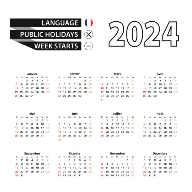 2024 calendar in French language, week starts from Sunday. 2024 calendar in French language, week starts from Sunday. Vector Illustration. french language stock illustrations